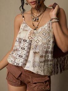 Freevana 大码波西米亚几何印花吊带背心，木珠肩带+宽松版型，复古度假风夏季百搭无袖女式上衣 - 彩色 - 查看 5