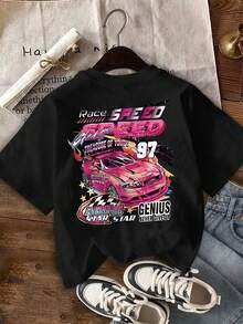 女士圆领短袖创意汽车图案夏季休闲T恤 - 黑色 - 查看 3