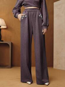 Anewsta Vintage Washed Light Blue Casual Sweatpants With Handcrafted Rhinestone Embellishments For Women - Purple - View 5