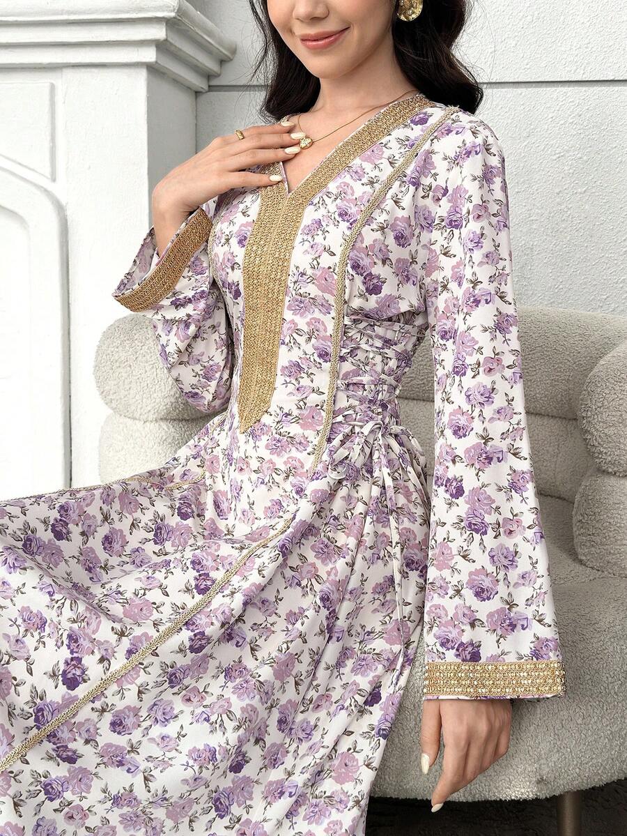 SHEIN Elegant Floral Print Long Sleeve Solid Color Comfortable Dress With Golden Waist Belt For Teen Girls, Suitable For Casual & Holiday Wear Purple Floral Dress Floral Purple Dresses Long Sleeve Floral Dress - Purple - View 1