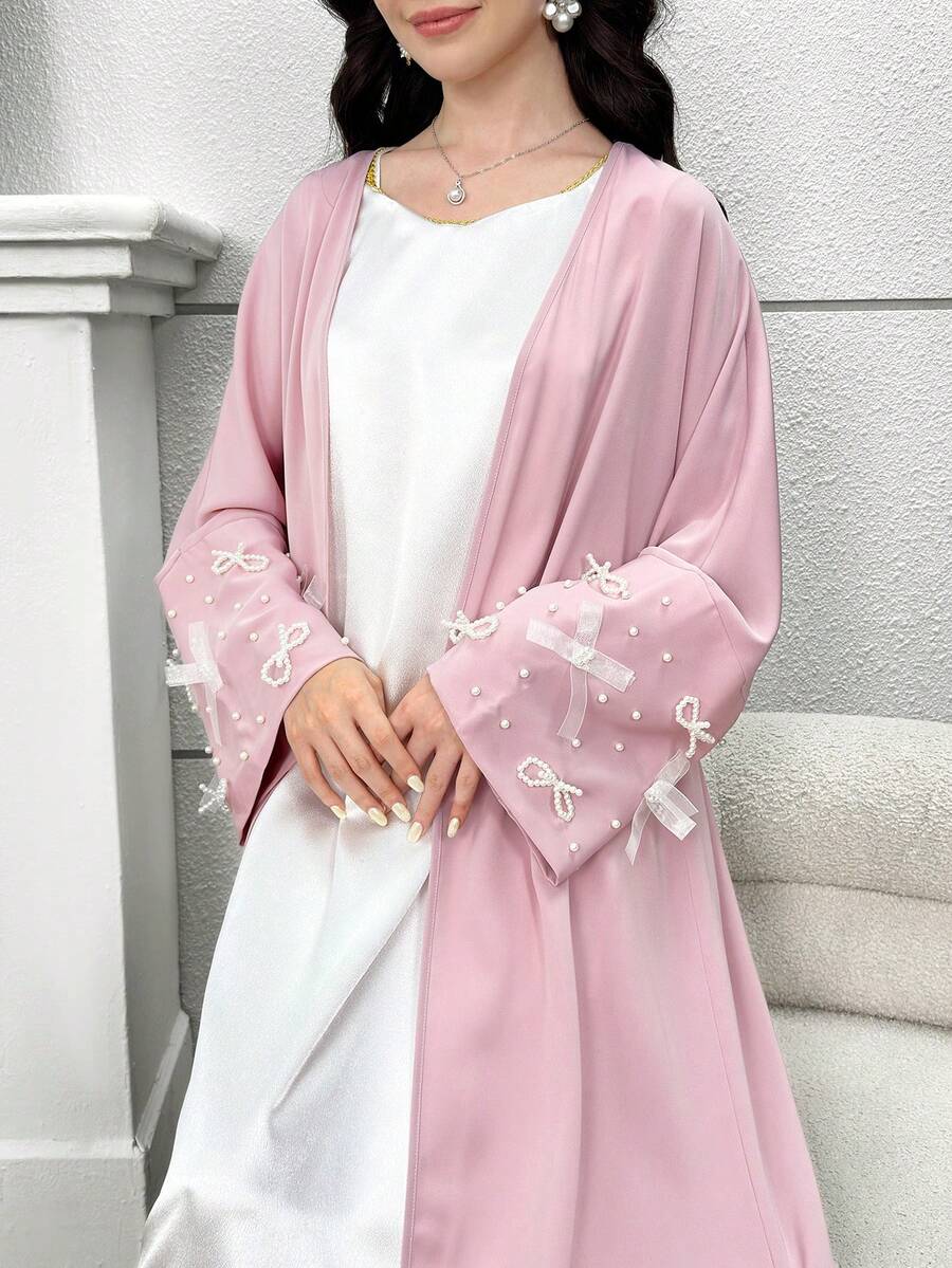 SHEIN Teen Girls' V-Neck Loose Casual Vacation Dress With Faux Pearl & Bow Trim, Cardigan Style - Pink - View 1