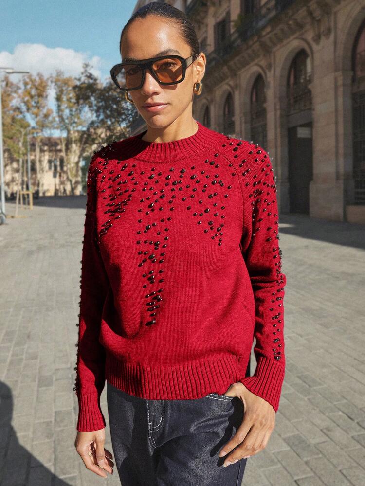SHEIN Maija Women's Round Neck Rivet Design Sweater, Basic Urban Commute Style, Simple Fashion Elegant Business Casual, Suitable For Teachers, Office, Outing, Romantic