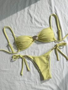 Swim Mod 女士夏季沙滩套装，纯色提花面料吊带性感比基尼套装，饰有贝壳金属装饰 - 黃色 - 查看 1