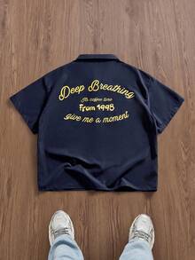 EASEVO Plus Size Men's Turn-Down Collar Single-Breasted Letter & Number Embroidery Casual Commuter Short Sleeve Shirt - Blue - View 2