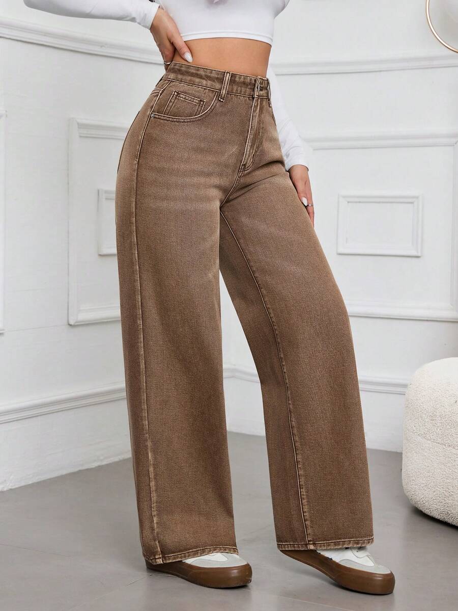 Quần denim ống rộng cạp cao có túi tiện dụng đa năng cho nữ - màu nâu - Xem 1