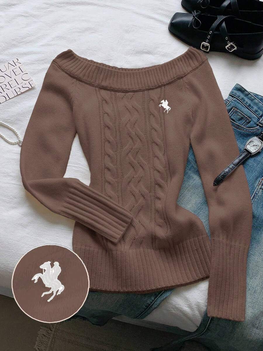 Comfortcana 女士时尚休闲扭结针织露肩长袖毛衣 女士毛衣 棕色毛衣 咖啡棕色上衣 棕色长袖上衣 麻花针织毛衣 女士毛衣 - 棕色 - 查看 1