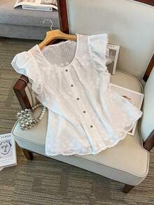 GlowEve CURVE Áo kiểu nữ cỡ lớn thanh lịch với họa tiết ren thêu, cài cúc phía trước, vạt áo bất đối xứng, thích hợp cho mùa xuân/hè. - trắng - Xem 3