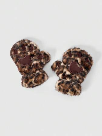 Anime 1 Paar braune Y2K Millennium Kawaii süße Leopard Kunstfell Pfötchen fingerlose Handschuhe, modisches und warmes Accessoire geeignet für Schule, Einkaufen, Training, Pendeln, Dates, Lässig Wear