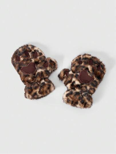 Anime 1 paire de mitaines marron style Y2K Millennium Kawaii en fausse fourrure léopard, accessoire à la mode et chaud, idéal pour l'école, le shopping, l'entraînement, les trajets, les rendez-vous et les tenues décontractées.
