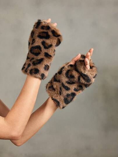 Fairycore 1 Pair Y2K Retro Fuzzy Deer Print Animal Pattern Fingerless Gloves, Fashionable Minimalist Wild Style Gloves For Women, Suitable For Daily Wear, Parties, Gatherings, Autumn/Winter, Halloween, Christmas