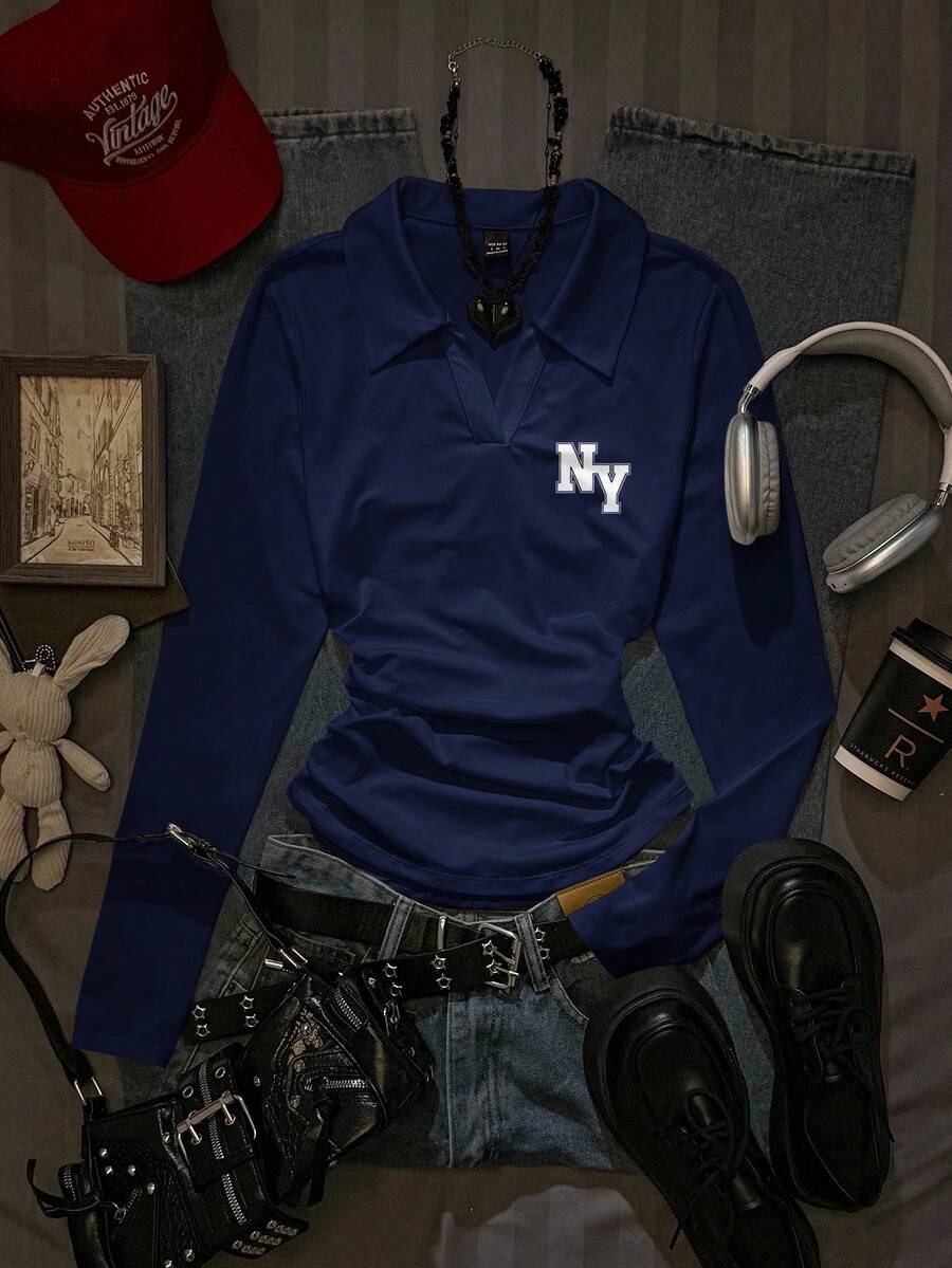 Attitoon Casual Retro Style, Minimalist Style, College Style Black NY Letter Placement Print Pattern, NY Logo Pattern, Women's Casual Fashion Print Polo Collar, Versatile Long Sleeve T-Shirt, Suitable For Autumn/Winter, Airport Outfit Carnival - Navy Blue - View 1