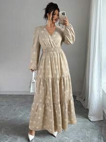 Elenzga 大码女式法式休闲优雅V领刺绣花卉印花长袖连衣裙，秋冬款 - 杏色 - 查看 1