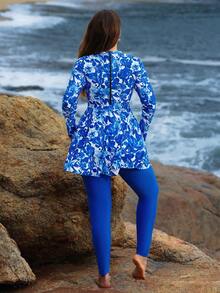 Swim Mulvari Plus Size Women Floral Print Long Sleeve & Long Pants Modest Swimsuit Set - Blue - View 2