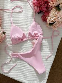 Swim Mod Bộ đồ bơi 2 mảnh, vải trơn màu bóng họa tiết hoa, áo ngực tam giác hở lưng và quần cắt cao, bộ bikini gợi cảm, xuân/hè - Màu Hồng baby - Xem 3