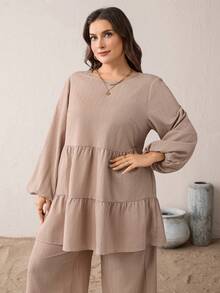 SHEIN Essnce Plus-Size Women's Spring/Summer Fashion Casual Loose Comfortable Everyday Textured Fabric Long-Sleeved Babydoll Shirt And Wide-Leg Pants Khaki Two Pieces Set,Spring Outfits,Pants Set Co Ords Sets Women Comfortable Two Piece Set Modest Two Piece Set Blouse And Pants Set Spring Casual Outfit Women Spring Set For Women - Khaki - View 5