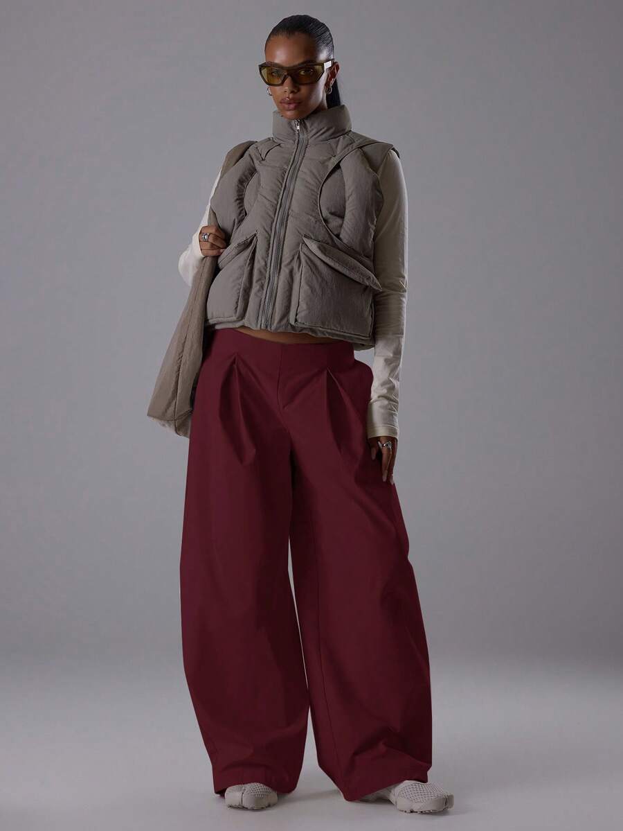 MUSERA Quần ống rộng dáng suông, cạp chun xếp ly, cạp thấp, thích hợp cho những buổi tối sang trọng, gợi cảm, dễ thương, phong cách đường phố năng động, thường ngày cho mùa hè. - Màu Đỏ Sâu - Xem 1