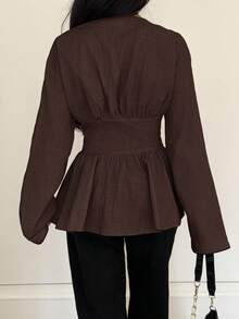 Siren Gaze 女士纯棉撞色滚边腰部衬衫，秋冬新品 - 棕色 - 查看 2