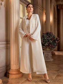 Al Najma Women's Solid Color Elegant Arabic Abaya Clothes Abayas Dubai Luxury White Abaya - Apricot - View 6