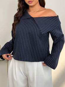 Auralis Navy Blue & White Striped Asymmetric Ruffle Detail Blouse, Plus Size Shirt For Commute, Office, Performance, Date, Sexy, Elegant Romantic, Office Lady, Mermaid Style, Birthday Party Arabian - Blue and White - View 5