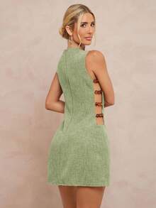 Lumalex Đầm ngắn dáng chữ A không tay, cổ tròn, khoét eo, đính hạt cườm, dành cho nữ. - Màu xanh Bạc hà - Xem 2