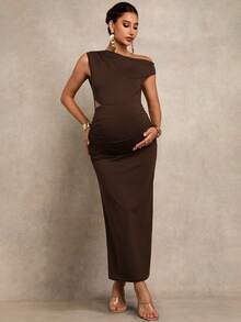 MaterniChic 孕妇纯色不对称无袖镂空褶皱修身连衣裙 - 棕色 - 查看 4