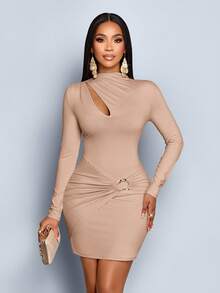 SOLERSUN Abito mini aderente e sexy in tessuto lavorato a maglia, con maniche lunghe, colletto alto, collo rialzato, plissettature, apertura sul petto, decorazione con bottoni metallici, adatto per feste e uso quotidiano, colore albicocca, ideale per l'autunno e l'inverno - Cachi - Visualizzare 6