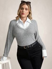 Zelara T-shirt à manches longues côtelé 2 en 1 pour femmes grandes tailles, décontracté pour femmes, pour l'hiver, pour femmes, Aïd Al-Adha, vacances de printemps - Gris - Voir 9