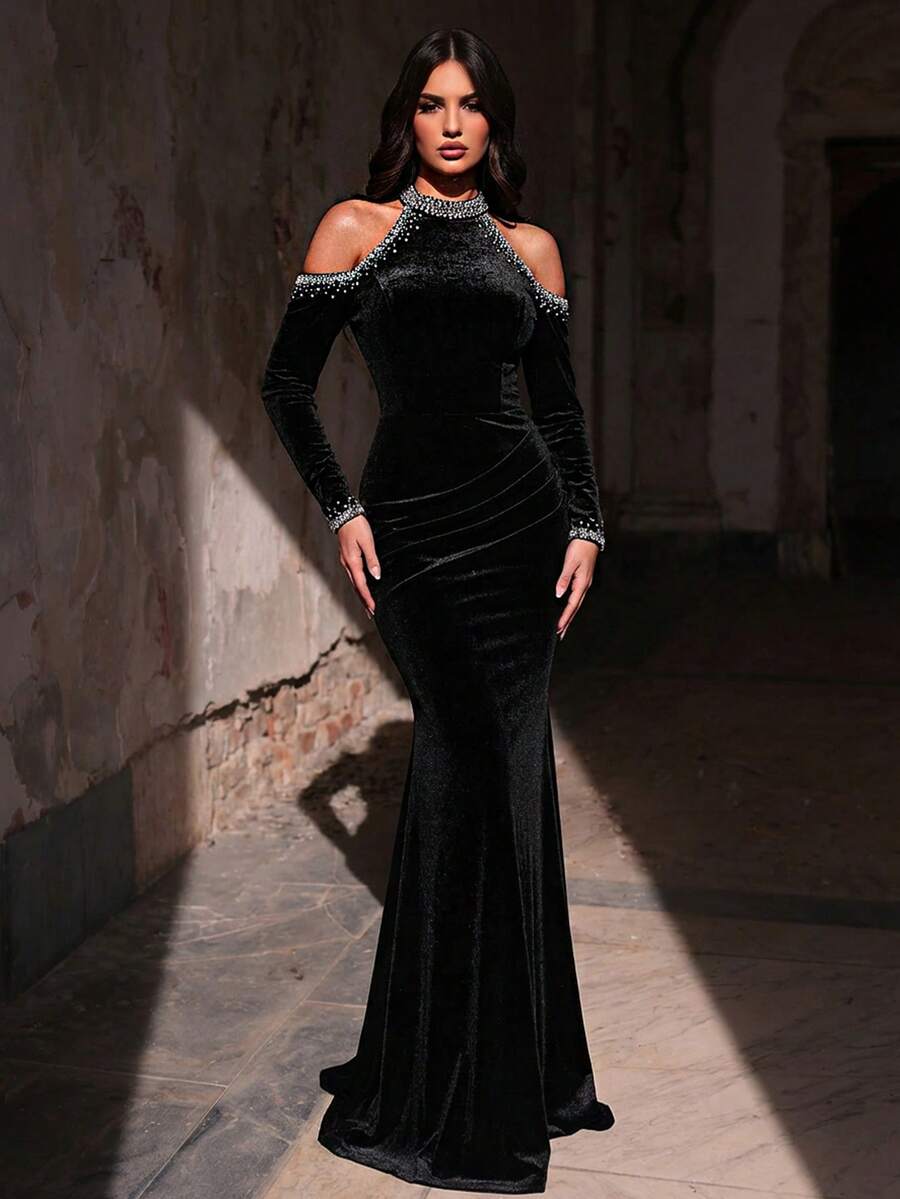 Glamrae Elegant Luxurious Beaded Off Shoulder Long Sleeve Stretch Velvet Mermaid Dress, Suitable For Weddings, Parties, Vacations, Balls, Formal Events (Heavy Embellishment) Black - Black - View 1