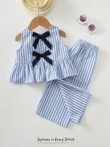 Cozy Pixies 女婴条纹无袖上衣和宽松休闲裤两件套 - 藍白色 - 查看 6