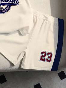 Genkimix Kids 1 Set Young Boys Casual Fashion Sports Style California 23 Letter Print Contrast Color Round Neck Short Sleeve T-Shirt And Shorts Set, Suitable For Outdoor Casual And Sports Wear, Spring/Summer