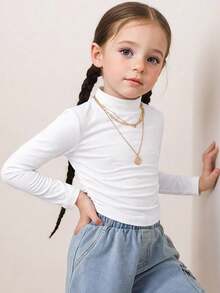 SHEIN Serisse Kids 少女领口褶皱基础款纯色针织T恤，适合秋冬季休闲日常穿着及上学穿着。 - 白色 - 查看 4