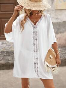 Brillora Guipure Lace Panel Batwing Sleeve Cover Up Dress Summer