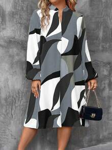 大码女式V领撞色休闲宽松度假灯笼袖连衣裙 - 灰色 - 查看 1