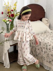 LMoss Kids 女童碎花圆领长袖上衣和裤子套装 - 白色 - 查看 4