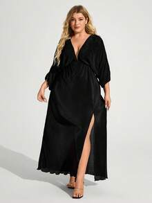 Truni Fall Clothes For Women,WinterPlus Size Elegant Sexy Solid Color High Slit Dress - Black - View 3