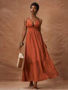 Zivah Vestido feminino de cor sólida com textura, costas abertas, babados na barra e cintura marcada. Ideal para férias, festas, casamentos, estilo boho, deslocamentos diários e brunch. - Ferrugem Marrom - Ver 7