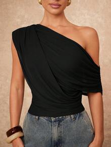 Lumalex And High-End Women's Casual Daily Commuting Elegant Solid Color Waist Asymmetric Shoulder Ruched Elegant Top, Business Casual,Spring/Summer Old Money Style - Black - View 5