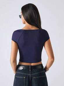 SHEIN EZwear 方领罗纹针织黑色短款T恤 - 藏蓝色 - 查看 2