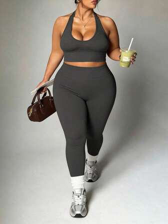 Plus Size Women Solid Color Cropped Halter Neck Tank Top And High Waist Leggings Sports Set