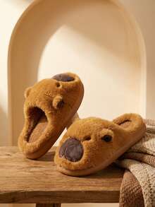 Dama pantuflas de felpa suave diseño animal punta cerrada suela gruesa estilo acogedor para uso en casa pantuflas - Marrón Caramelo - Ver 6