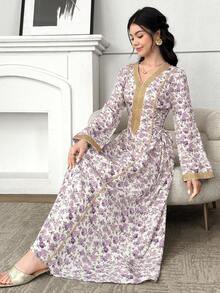 SHEIN Elegant Floral Print Long Sleeve Solid Color Comfortable Dress With Golden Waist Belt For Teen Girls, Suitable For Casual & Holiday Wear Purple Floral Dress Floral Purple Dresses Long Sleeve Floral Dress - Purple - View 6
