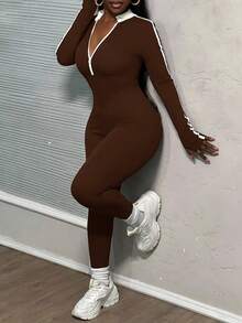 Slaydiva Bộ áo liền quần nữ cỡ lớn cổ đứng, khóa kéo, cài khuy nửa thân, thích hợp mặc hàng ngày. - màu nâu - Xem 6