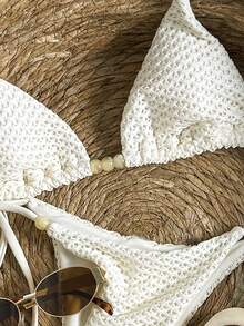 Swim Mod Women's Textured Beaded Halter Bikini Set, Spring/Summer - Beige - View 4