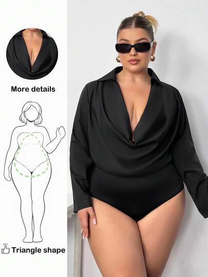 Truni Plus Size Women's Solid Color Draped Neck Long Sleeve Elegant Bodysuit/Autumn /Winter