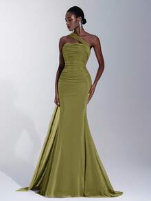 Elitara 优雅棕色无肩带高弹力亮面网纱褶皱美人鱼不对称领口飘逸连衣裙，适合约会、婚礼、活动、伴娘等场合 - 橄欖綠 - 查看 7