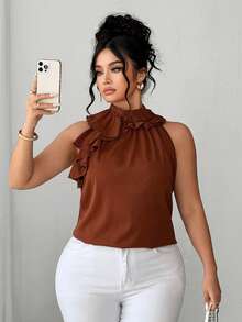Elenzga Blusa elegante de cuello halter con volantes y unicolor para mujer de talla grande - Marrón - Ver 5