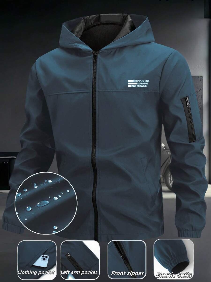Manfinity Homme 男士字母图案防水连帽拉链长袖夹克，科技风蓝色户外防风外套，秋季款