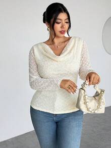 Firerie 大码女式纯色圆领长袖休闲T恤 - 杏色 - 查看 3