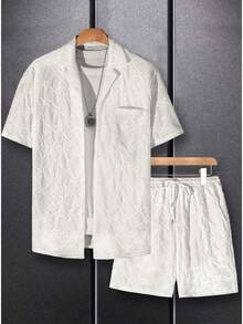 Manfinity Homme 2pcs Men's Fashion Casual Set,White Solid Color Patterned Polo Shirt+Drawstring Shorts,Summer Vacation Holiday,Suitable For Spring Daily Wear,Camping - White - View 3