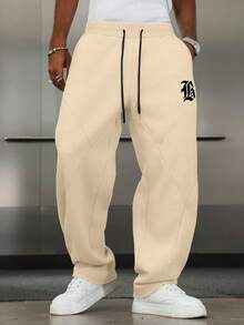 PAVTROS Men's Letter Print Drawstring Waist Casual Versatile Commuter Sweatpants - Khaki - View 7